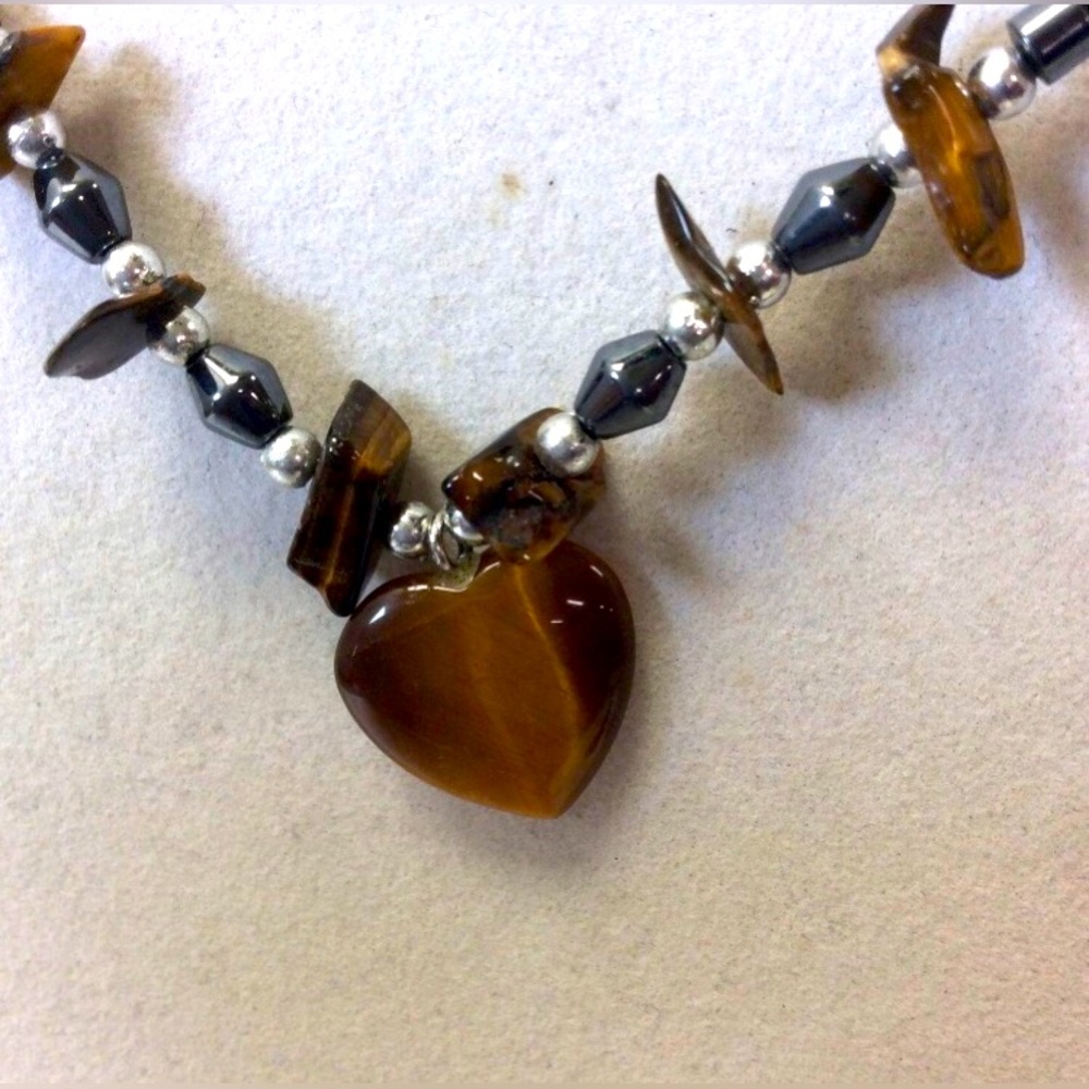Vintage Hematite and Tigers Eye Necklace with Tigers Eye Earrings